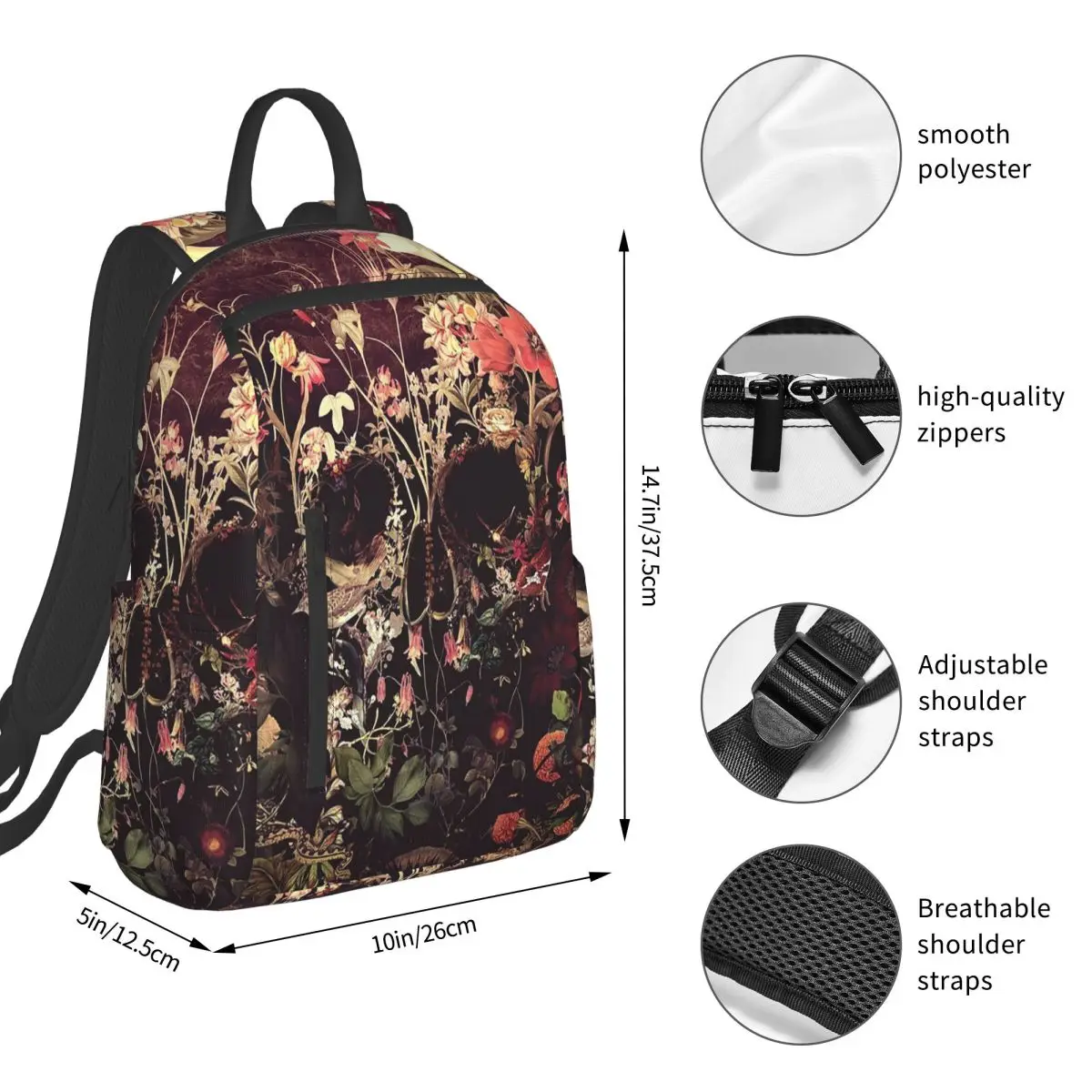 Bloom Skull Backpack Student BookBag Boys Girls School Bag Laptop Shoulder Bags Men Women