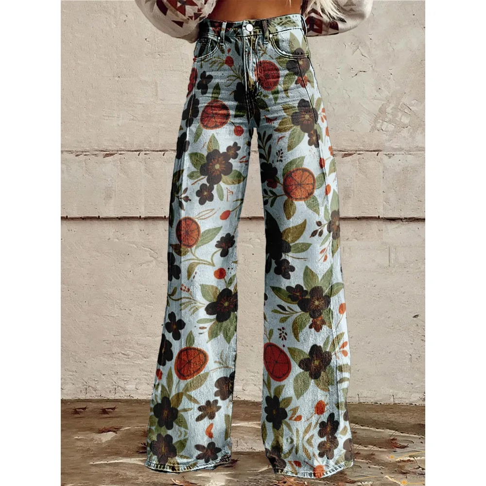 

Винтажные брюки с ярким цветочным принтом, расклешенные брюки с высокой талией, женские широкие брюки, свободный крой, осенние модные брюки, уличная одежда в стиле панк