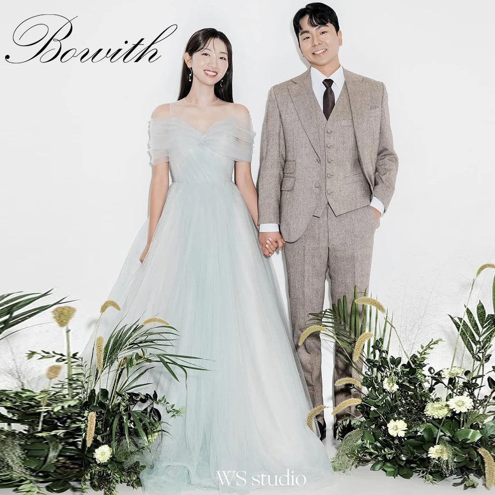 

Bowith Light Blue Soft Tulle A Line Wedding Dresses Korea Off the Shoulder Prom Gowns Customized Wedding Photo Shoot Dresses