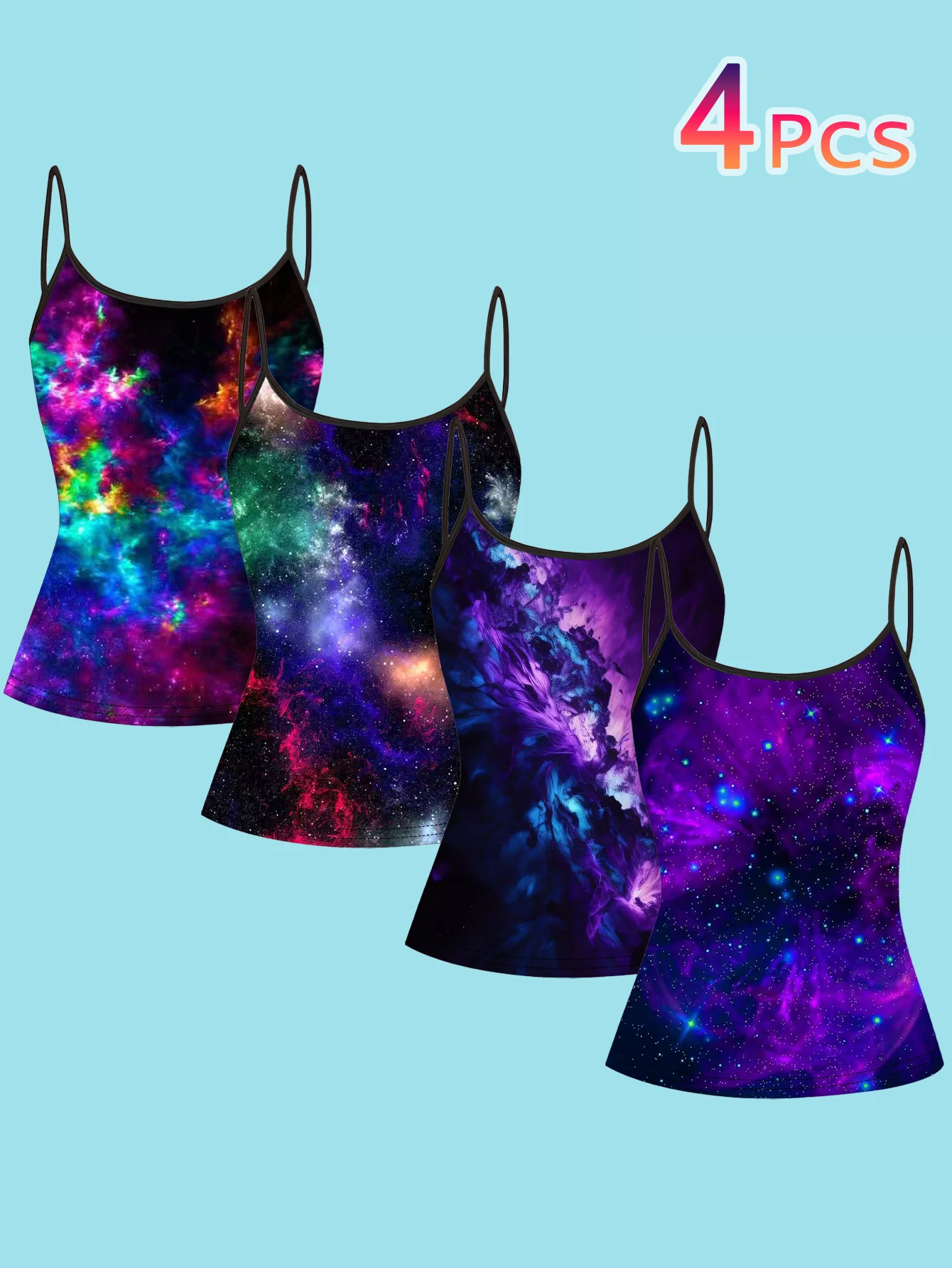 4-Piece Set of Women's Spaghetti Strap Camisoles with Colorful Galaxy Nebula Starry Sky Universe Art Print on Black Background, Slim Fit Sleeveless Tops
