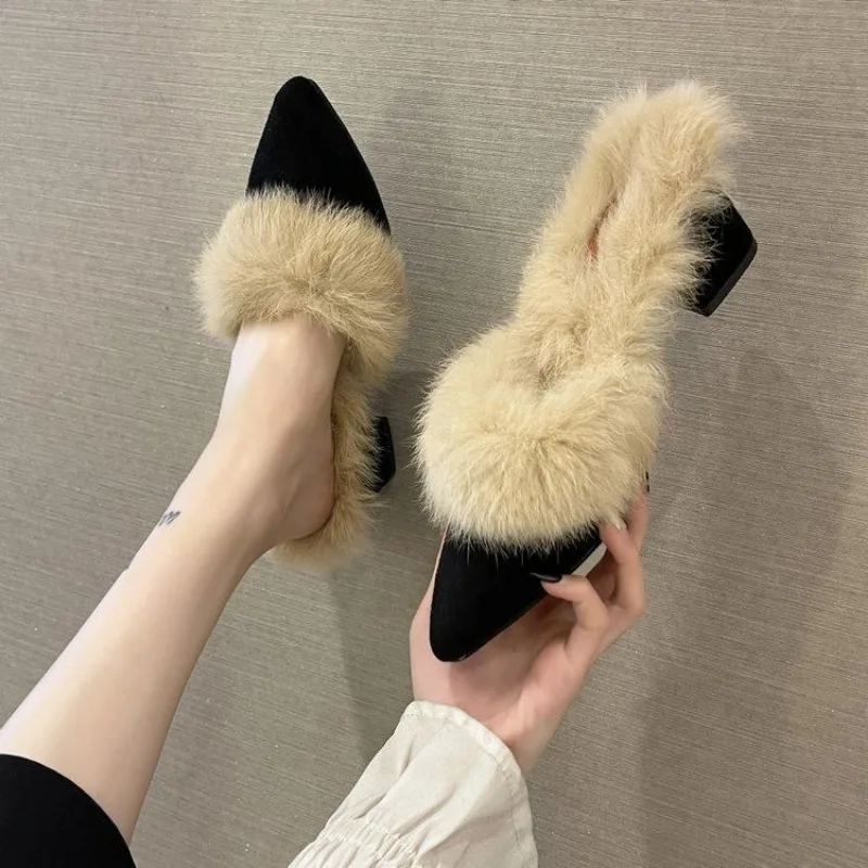 Winter New Fur Slippers Women Elegant Fashion Pointed Toe Mules Lady High Heel Shoes Female Sexy Chunky Warm Slides Black 34-42