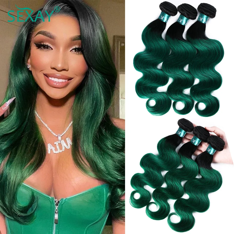 Ombre Turquoise Body Wave Human Hair Weave Bundles 1/3 Pcs 12-22 Inch 1B Green Pre Colored Human Hair Weft Extensions For Women