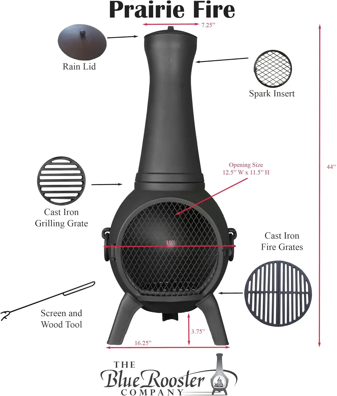 Prairie Fire Chiminea Outdoor Fireplace - Wood Burning Cast Aluminum Deck or Patio Firepit