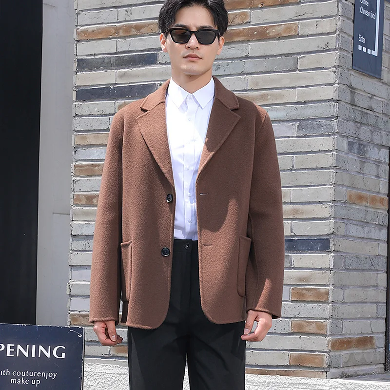 2023 Autumn And Winter New Double Sided Woolen Coat Men's Suit Collar Solid 100% Pure Wool Loose Pocket Fashion Style Wool Coat