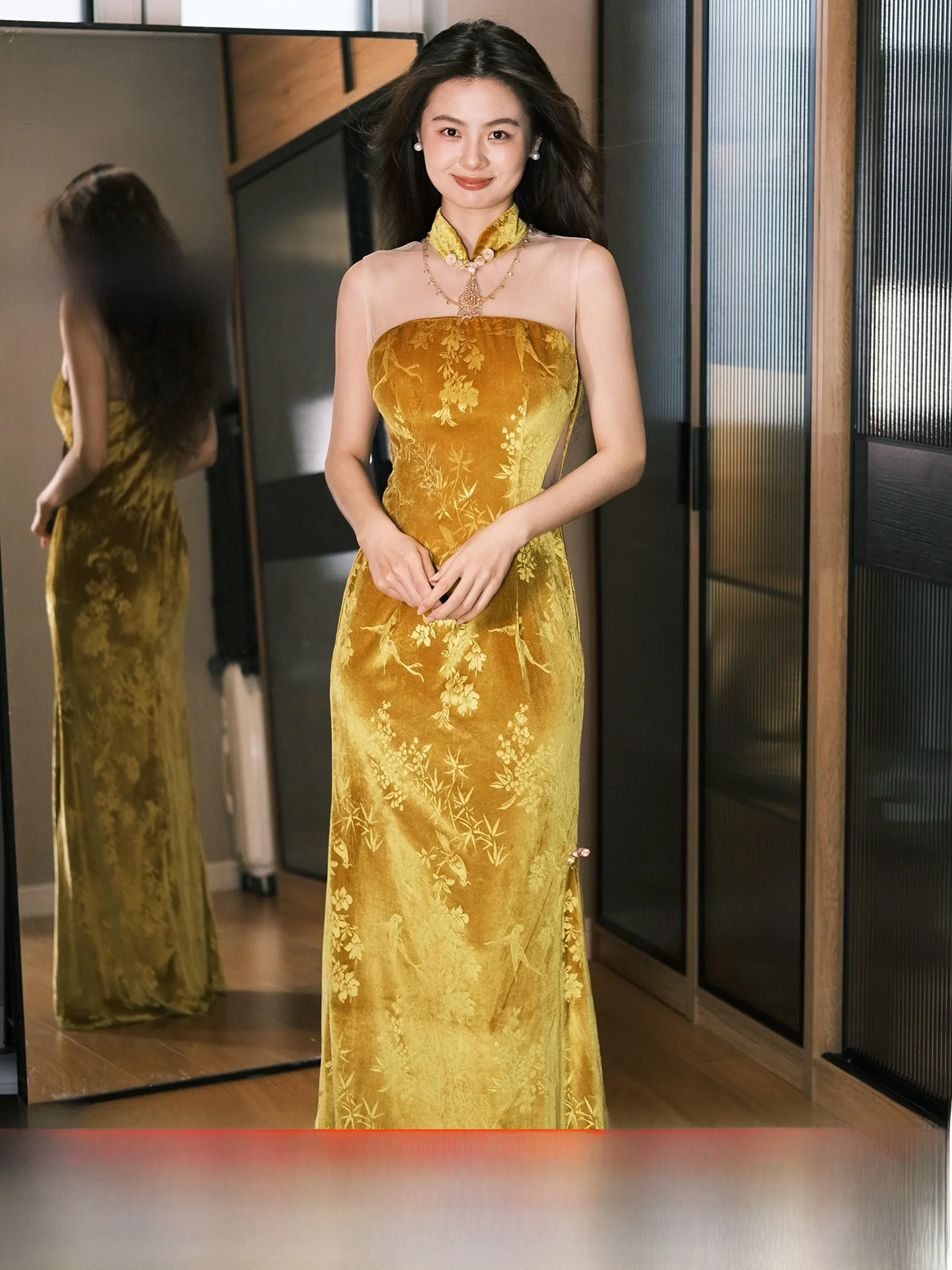 

Retro Chinese Style Velvet Evening Gown Yellow Slimming Wedding Dress for Engagement And Banquet High Quality Bridal Dress