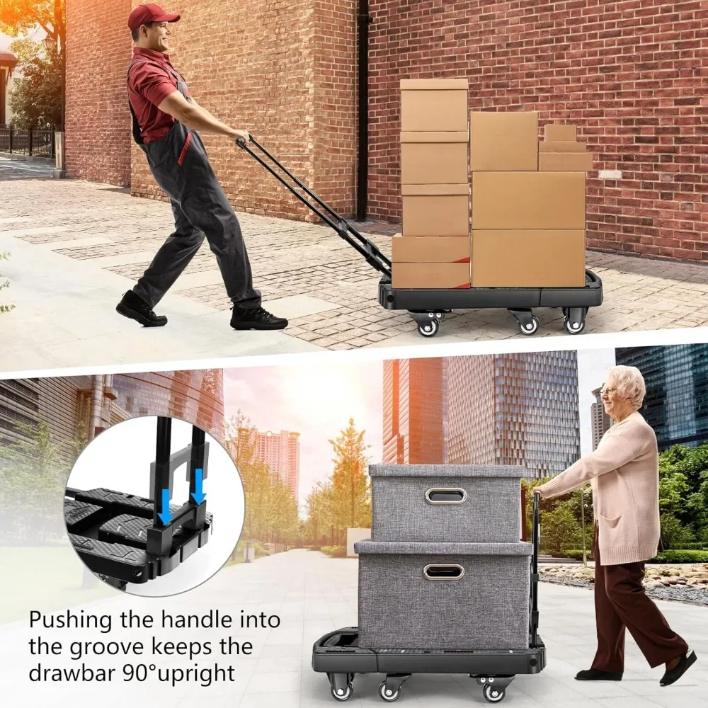 Folding Hand Truck 600lbs, Portable Heavy Duty Dolly Cart, 6 Wheels Collapsible Luggage Cart with 2 Elastic Ropes - Easy Moving