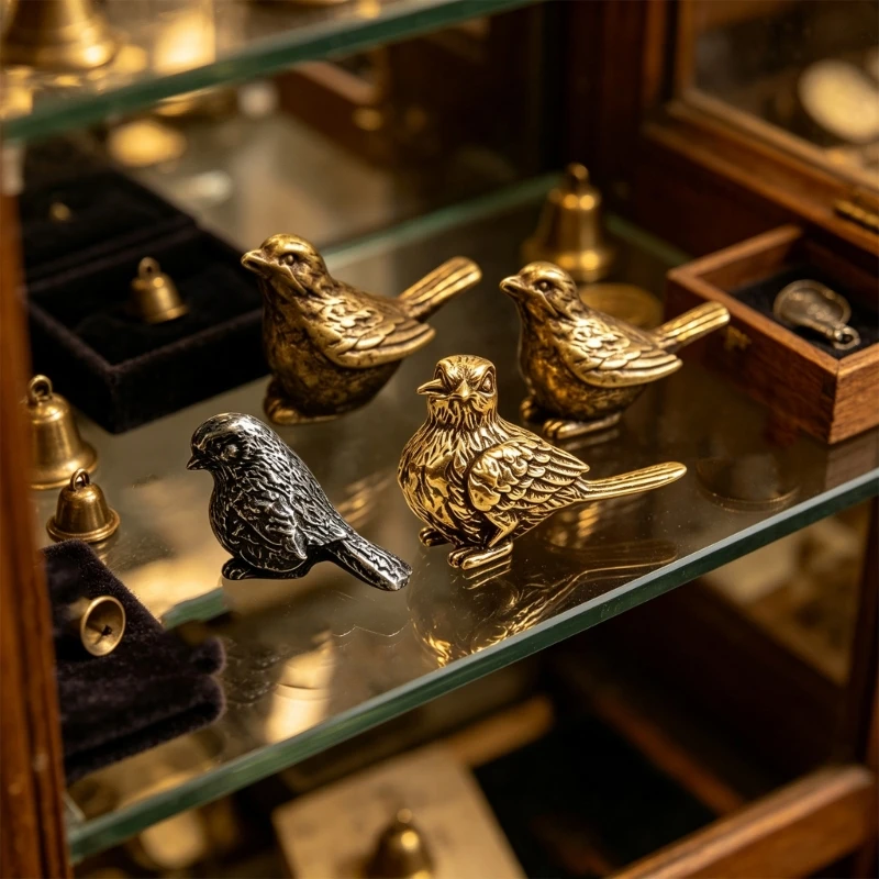  Shelf Bird Statues Set of 3 Gold-Tone Metal Sparrow Decors with Feathered Detail