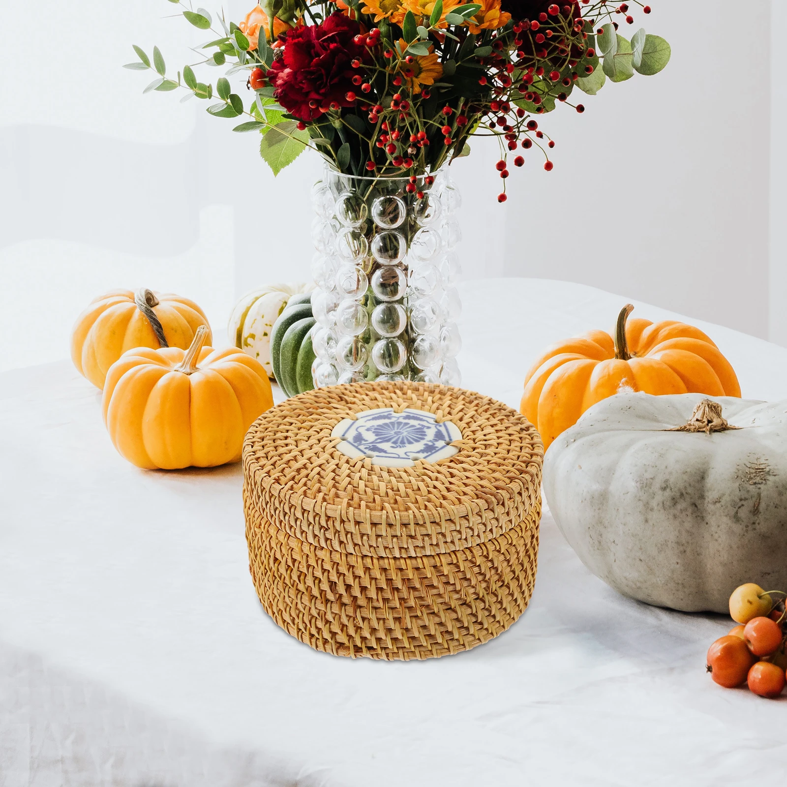 

Round Rattan Snack Box Dry Fruit Storage Container Candy Case Desktop Serving Tray Nuts Holder Decorative Food Organizer