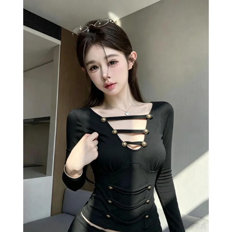 Slim Fit Long Sleeve V-Neck T-Shirt Women's Autumn Design Hollow out Button Detail Base Layer Top Trendy Cotton Blend