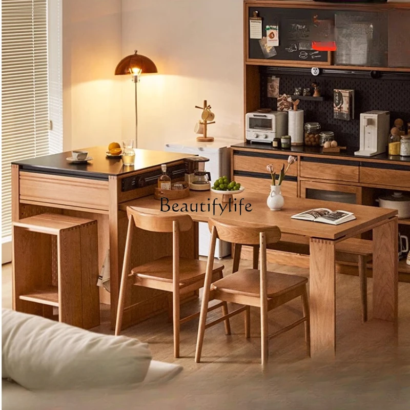 

Nordic solid wood island dining table integrated cherry wood rock slab bar counter cabinet Japanese storage side cabinet