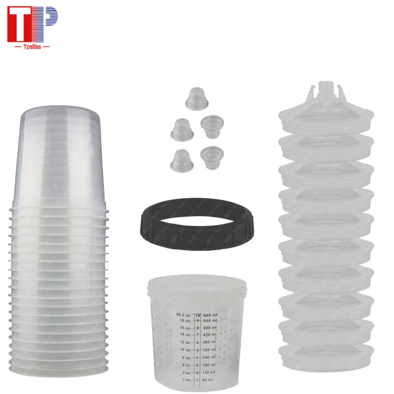 20 Pack 600ml Disposable Paint Spray Gun Cup Kit w/ Cup Liners &Sealing Plugs