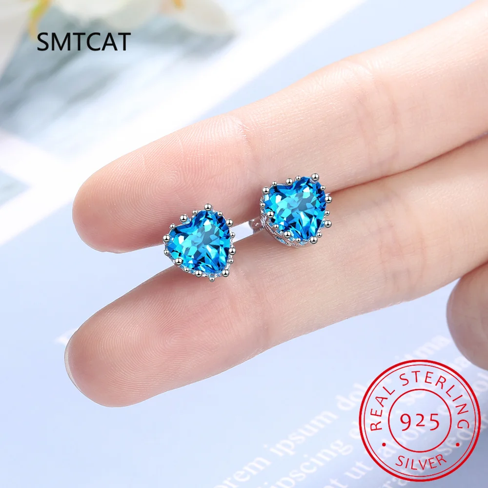 

Серьги-гвоздики из стерлингового серебра 925 пробы с натуральным синим топазом и сердцем 1,8 карата Oorbellen для женщин, ювелирные изделия с драгоценными камнями, свадебный подарок