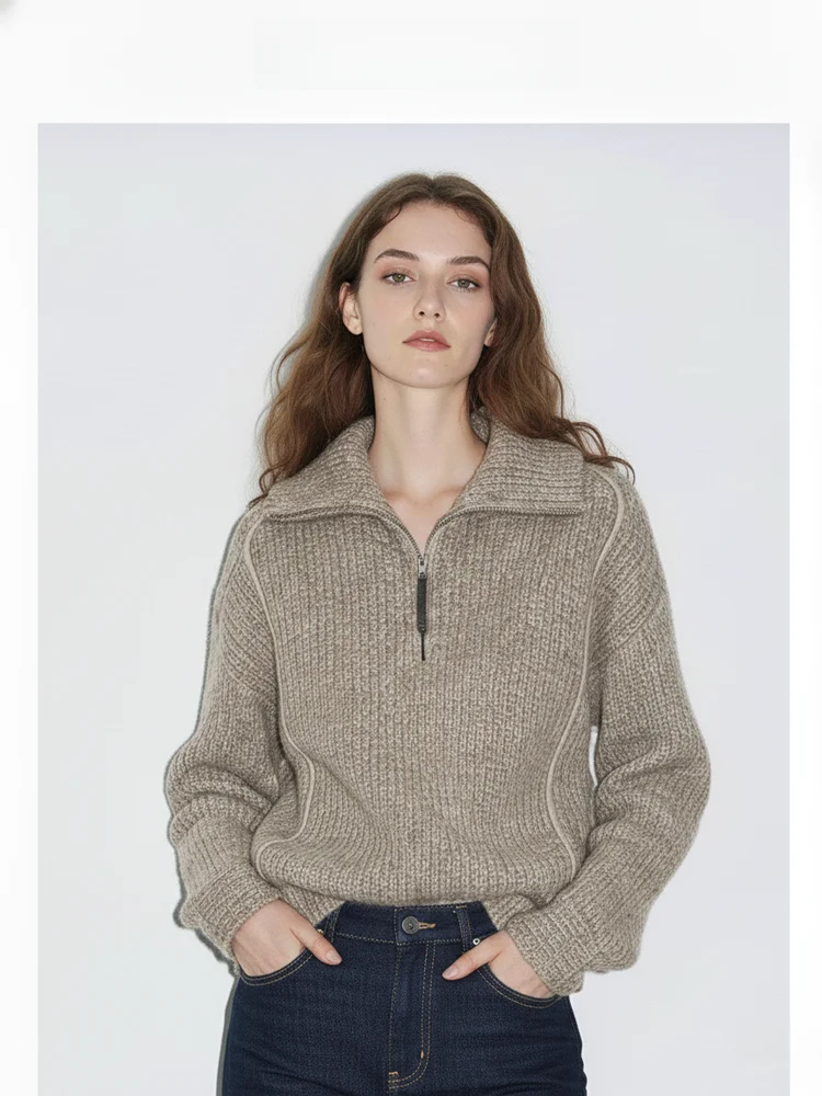 

Spring Autumn 2026 High Collar f Zip Knitted Sweater Women's Loose Fit Wool Camere Lazy Sle Knitwear Long Sve