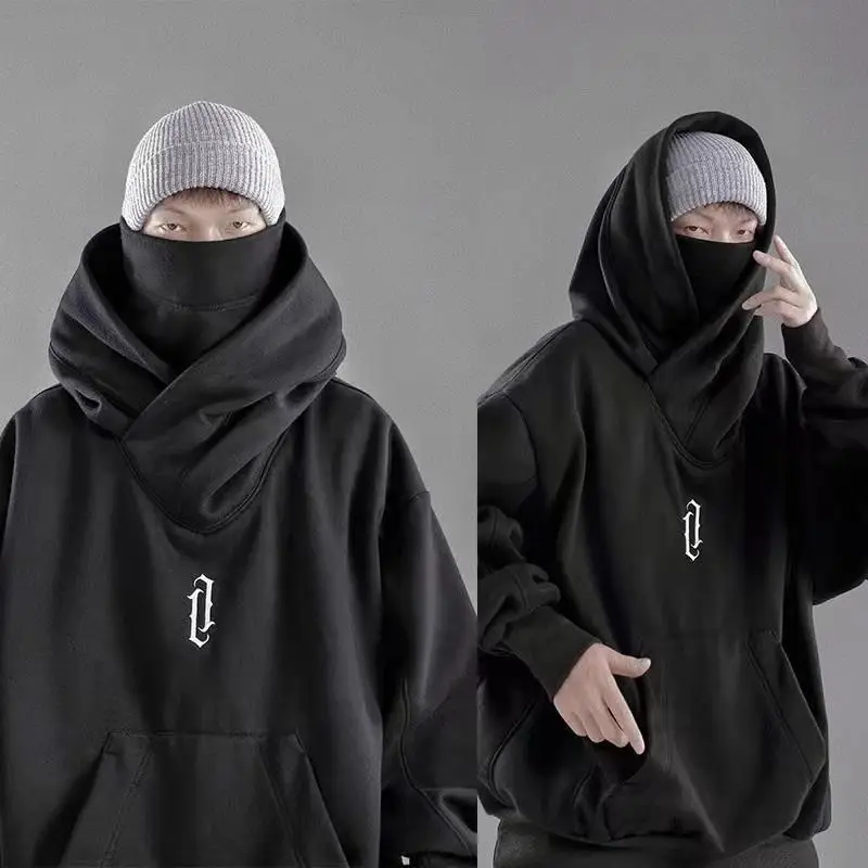 Autumn and winter hip hop high street national trend sweatshirt men turtleneck hooded plus velvet thickened loose ghost y2k top