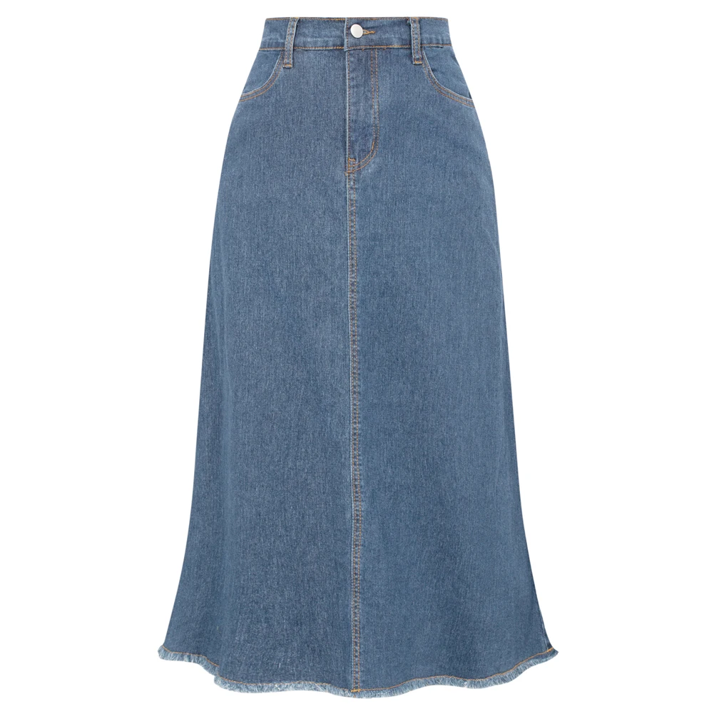 Bp Dames Gradiënt Rok Mode Vintage Multi-Pocket Jean Rok Elastische Hoge Taille Rauwe Zoom Midi A-Lijn Rok Ropa De Mujer