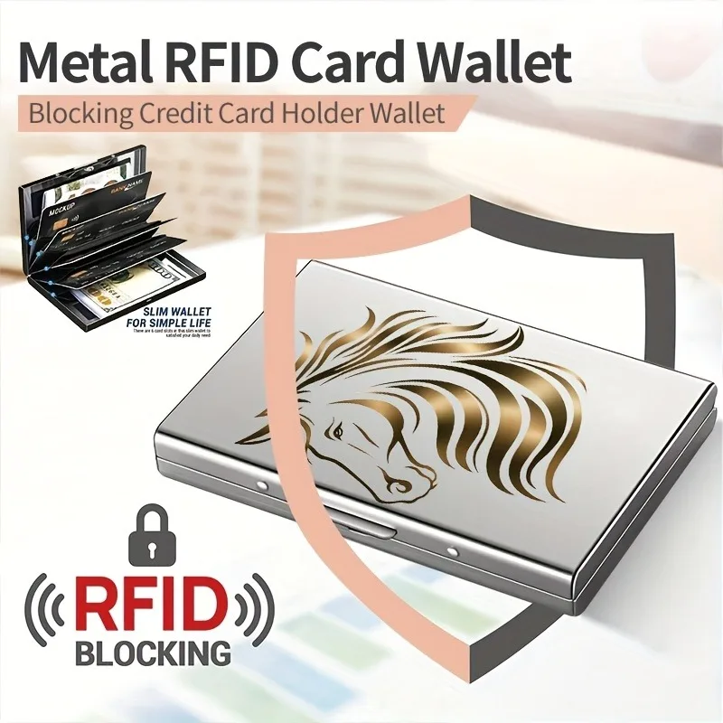 Golden Horsehead Line Pattern Design - RFID Metal Wallet, Fashionable and Durable, Compact Card Storage, Stylish Accessory