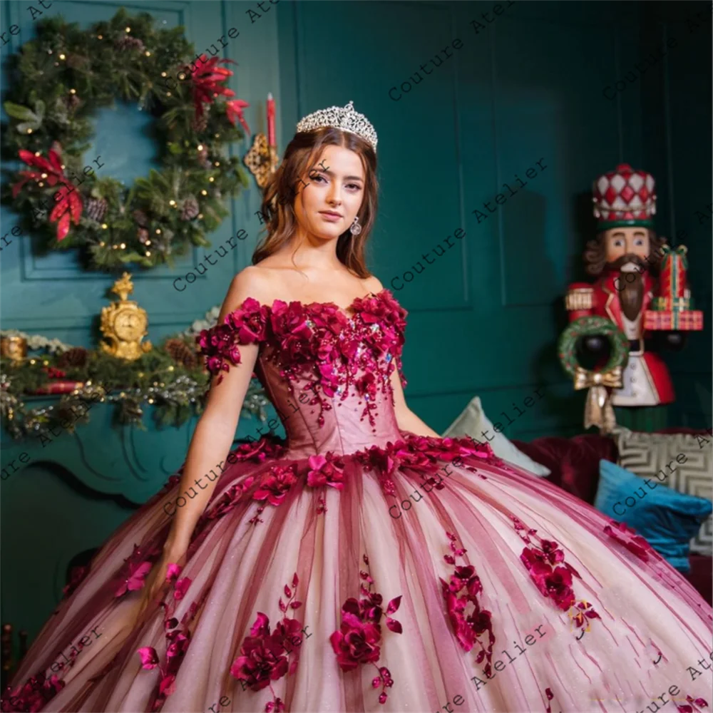 Burgunder Perlen 3d Blumen Tüll Quince anera Kleider Ballkleid Kleid von der Schulter Geburtstags kleider schnüren süße 15 16 Kleider