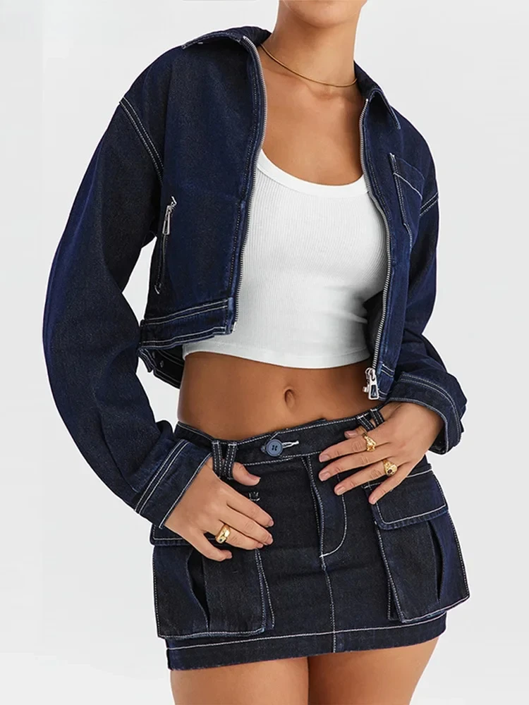 

Vintage Zipper Denim Jackets Women Casual Lapel Long Sleeve Pocket Crop Tops Spring New Lady Fashion Loose Top Outwears