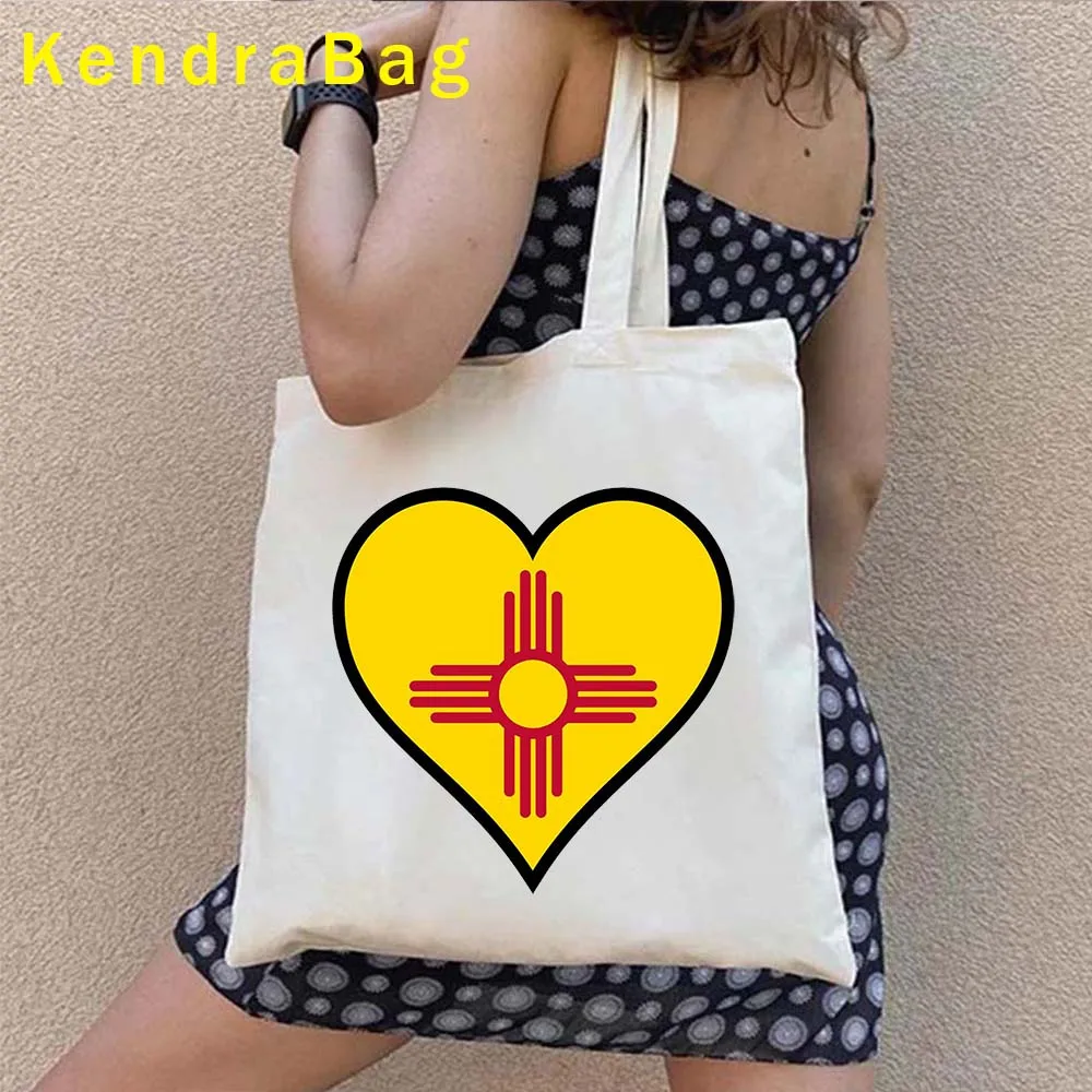 New Mexico State Round Emblem Route 66 Flag Map Albuquerque National Park Love Heart Zia Sonne Canvas Totes Bag Shopper Handbags