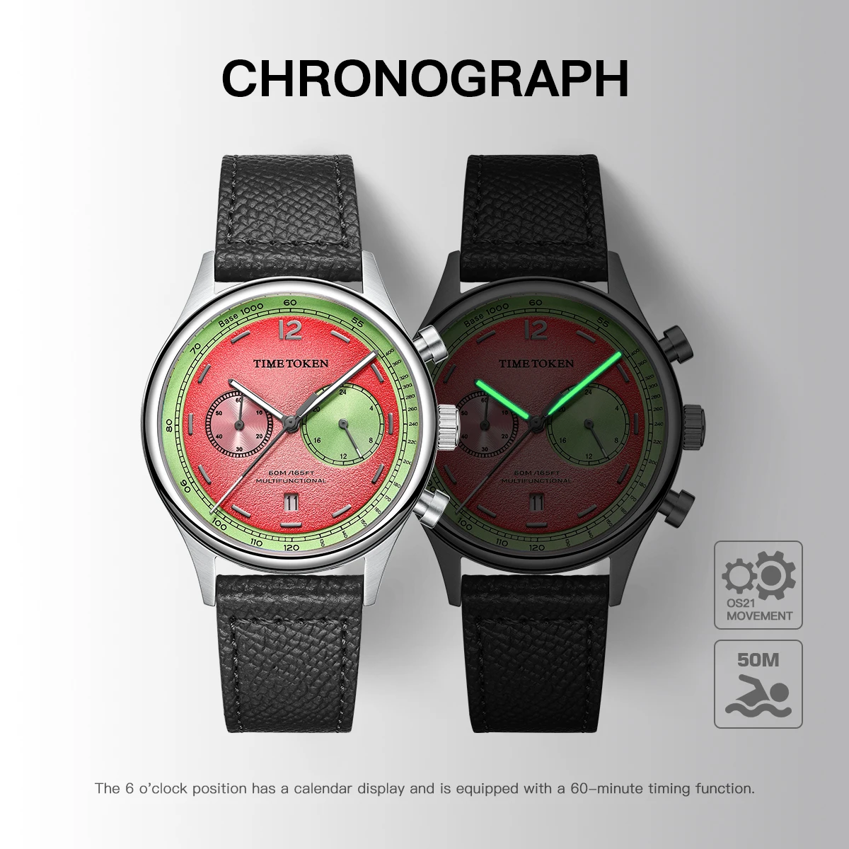 

Мужские часы TIME TOKEN с японским механизмом Miyota OS21, новинка 2026 года, с циферблатом «Арбуз», водонепроницаемые, хронограф, с куполообразным сапфировым стеклом, с календарем