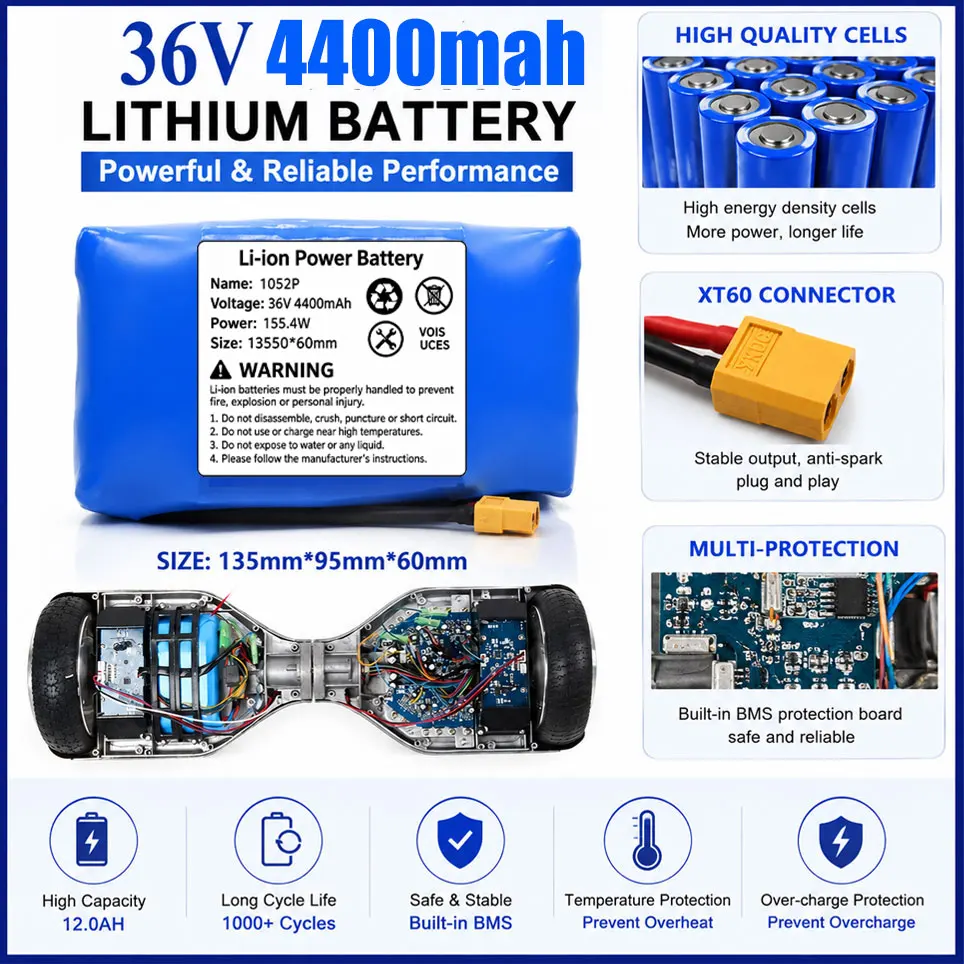 New 36V 4400mAh 10S2P Li-ion Battery, High Capacity, BMS Protection Battery for Hoverboard, Self Balancing Scooter Spare Battery