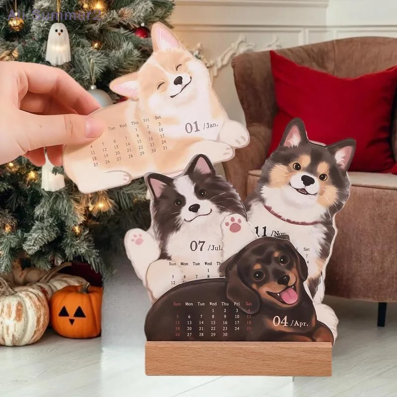 {MX} 2026 Cute Cat Dog Series Desk Calendar With Wood Base Table Planner Daily Scheduler Memo Notes Office Decoration Ornament