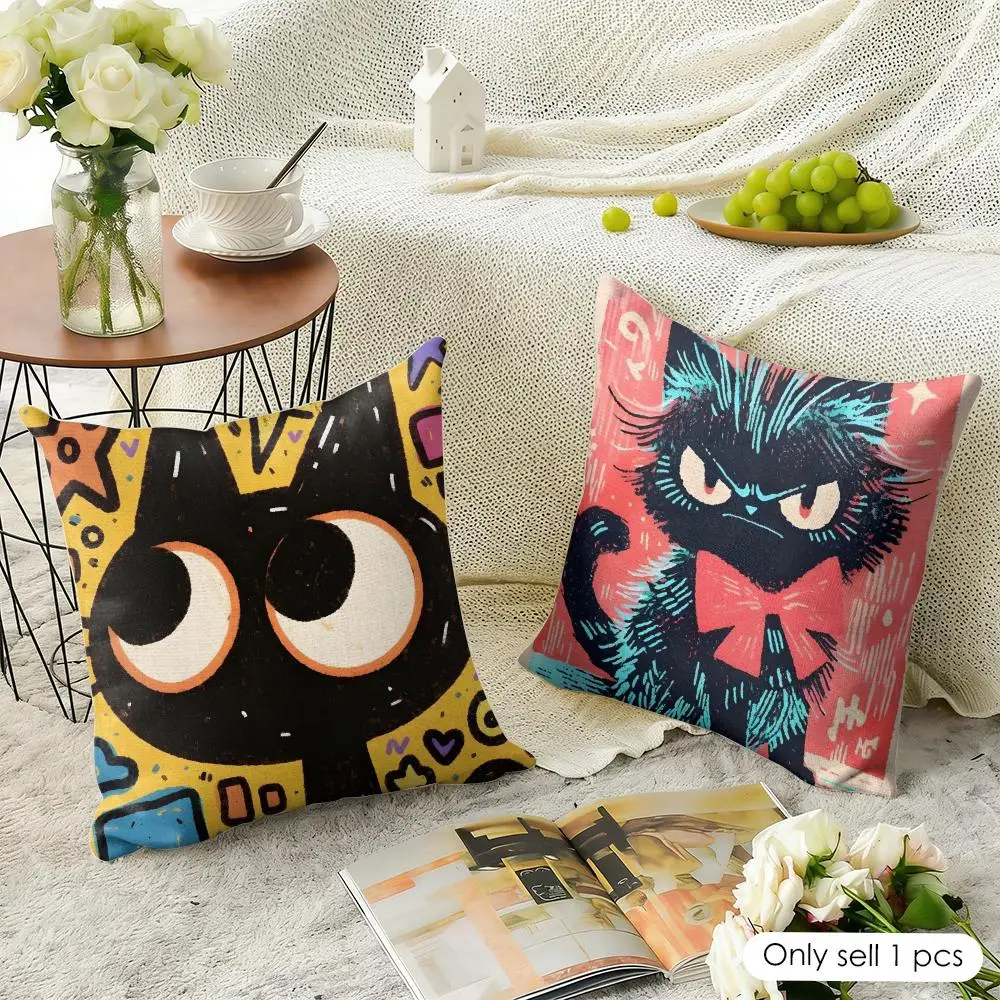 Cartoon Art Cat Cushion Cover Natural Linen Organic Fabric Double-Sided Printing Sofa Home Decor Gift Pillow Case