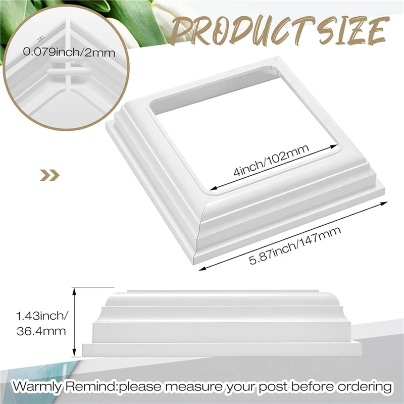 A88E-4X4inch Vinyl Post Skirt-White Post Base Cover Trim For Wood And Vinyl Posts,Deck And Porch Column,Stair Rails-Set Of 8