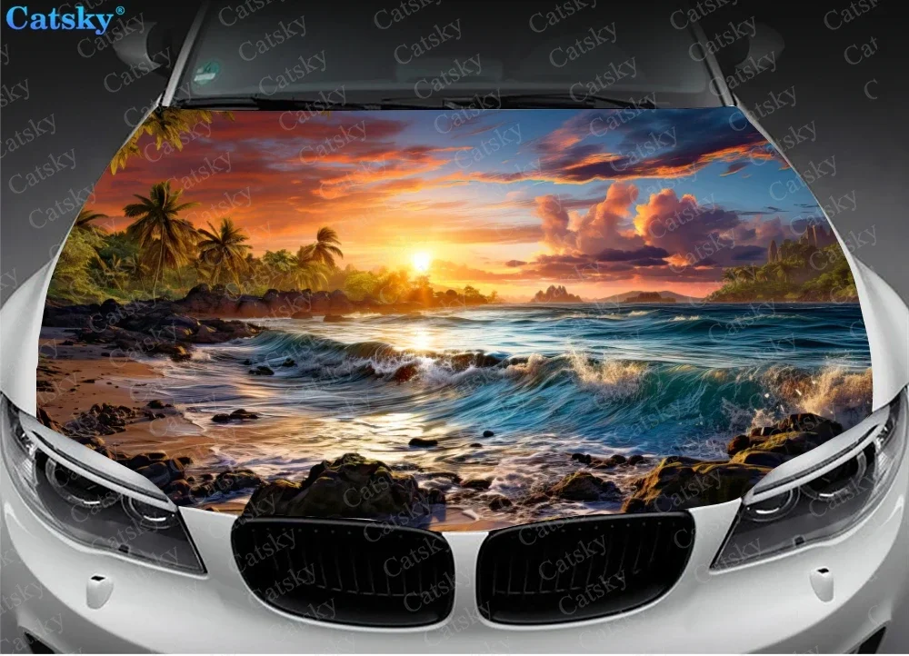 Sunset Beach Palm Trees Waves Car Hood Vinyl Stickers Wrap Vinyl Film Engine Cover Decals Sticker on Car Auto Accessories