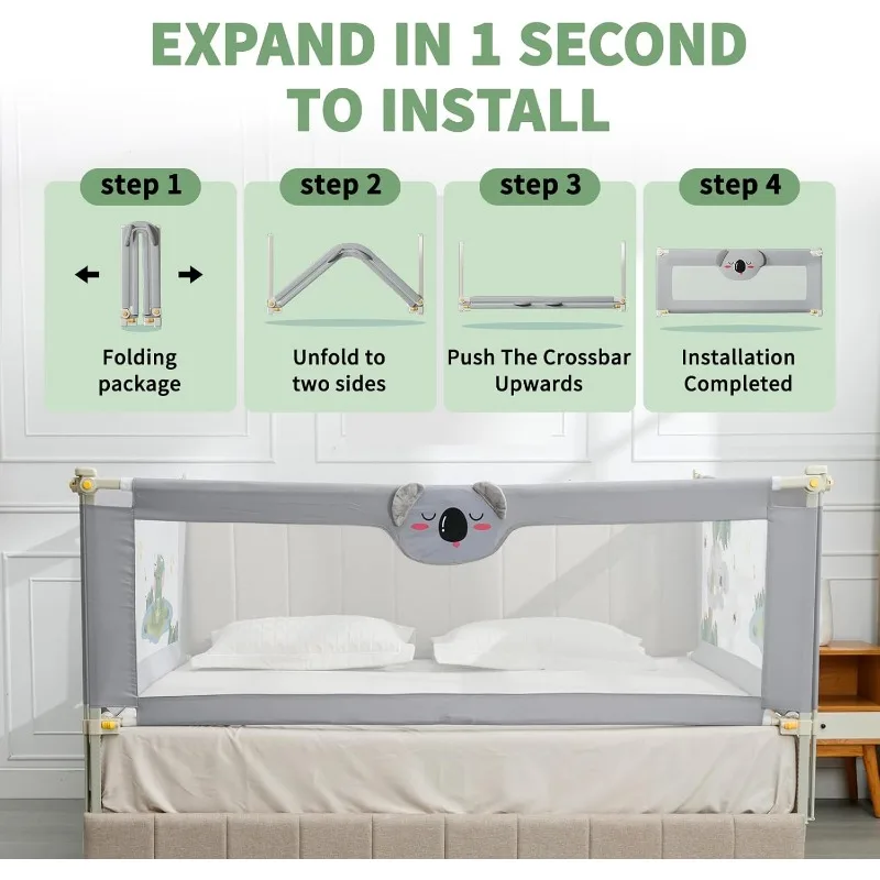 Trilho de cama para crianças, 3 peças, guarda de trilho de cama de bebê, 25 de altura, 3 em 1, colchão dobrável de 2 ''-11,8 '' (cinza com padrão de coala, king)