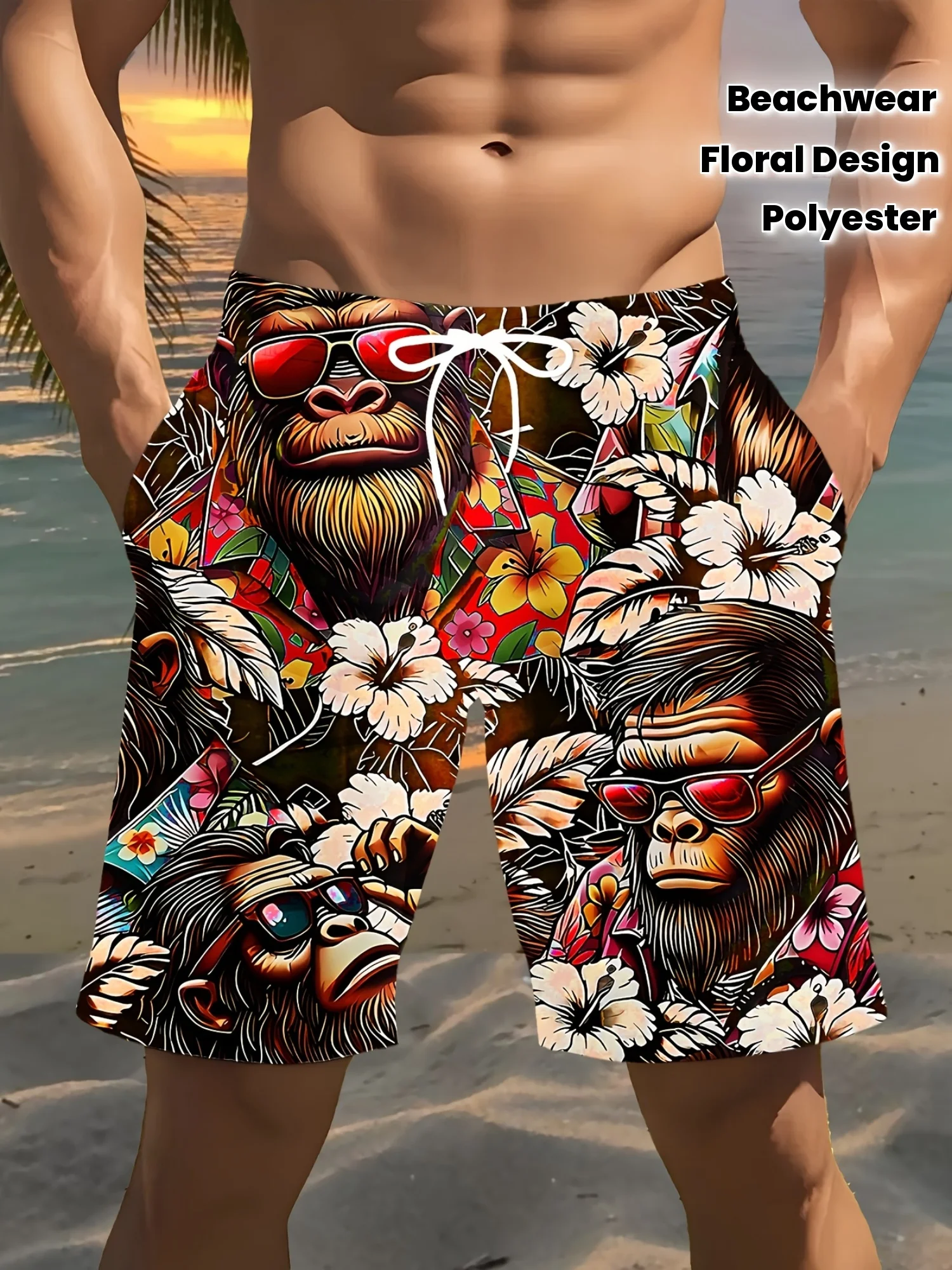 Men's Beach Shorts, Trendy Cool Vacation Style! Fashion Glasses Orangutan and Floral Print Beach Shorts, Regular Fit, Perfect fo