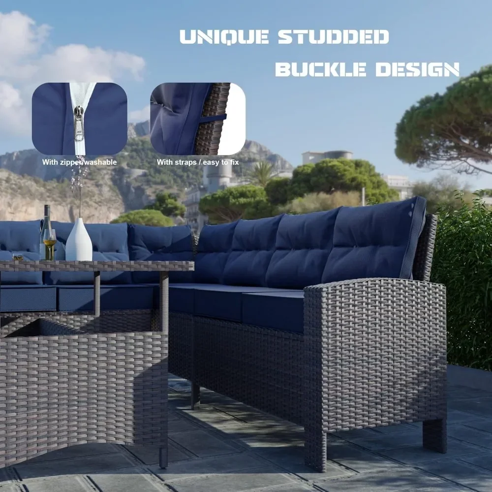 7 Piece Outdoor Patio Furniture All-Weather Wicker Rattan Sectional Conversation Set with 3 Loveseats 1 Dining Table
