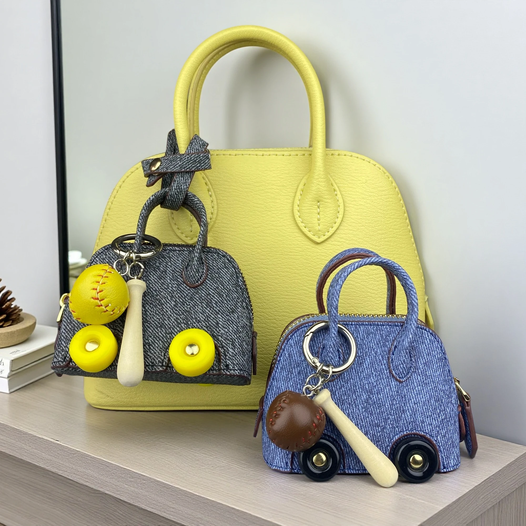 Denim PU Leather Mini Bag Pouch Charm, Earphone Case, Coin Purse & Jewelry Pouch, Baseball and Bat Keychain, Purse Accessory
