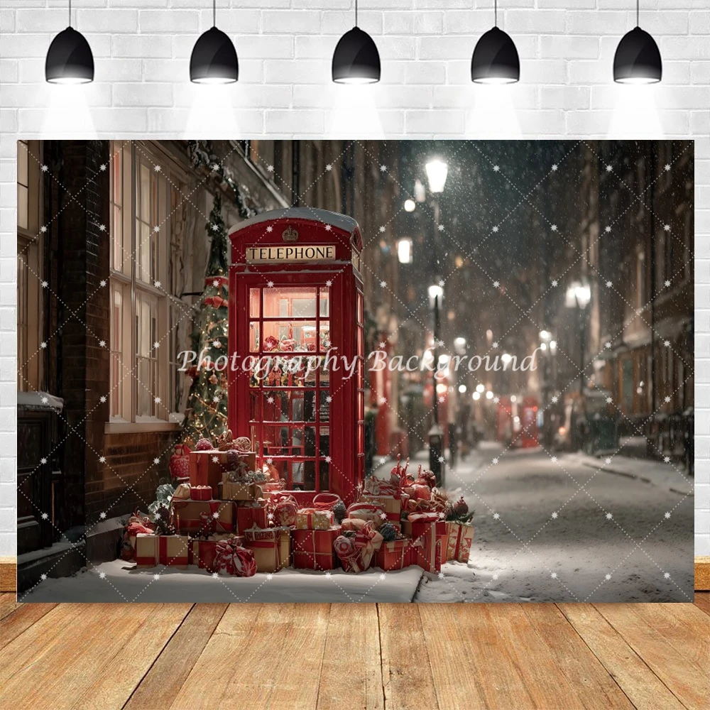 冬の夜ヨーロッパの町の背景写真赤い電話ボックスクリスマスツリーポートレート装飾背景撮影小道具