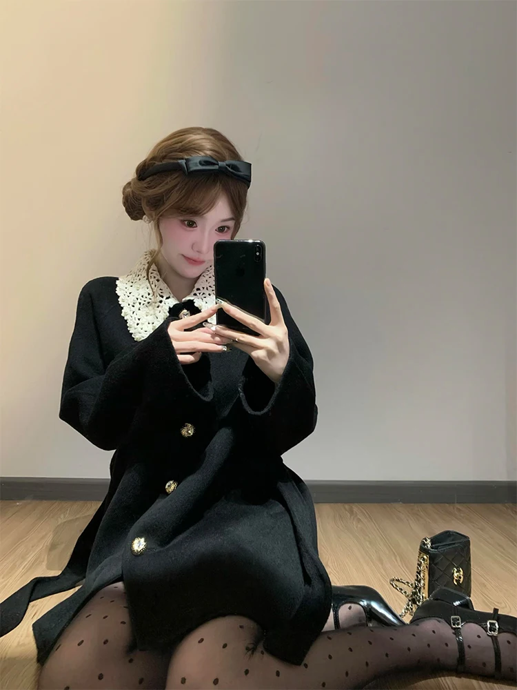 

Slimming Woolen Coat with Doll Collar Splicing Design Women's Faion Outerwear Korean Sle Regular Length Polyester Fiber