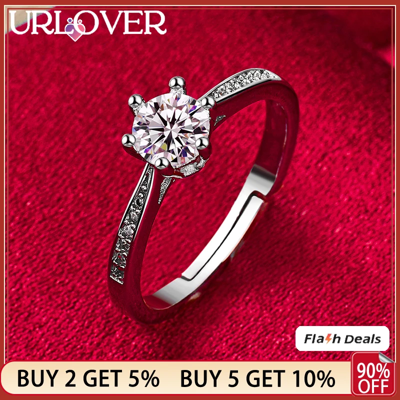 

URLOVER 925 Sterling Silver Ring For Woman Round Zircon Crystal Rings Lady Party Wedding Bands Fashion Jewelry Birthday Gifts