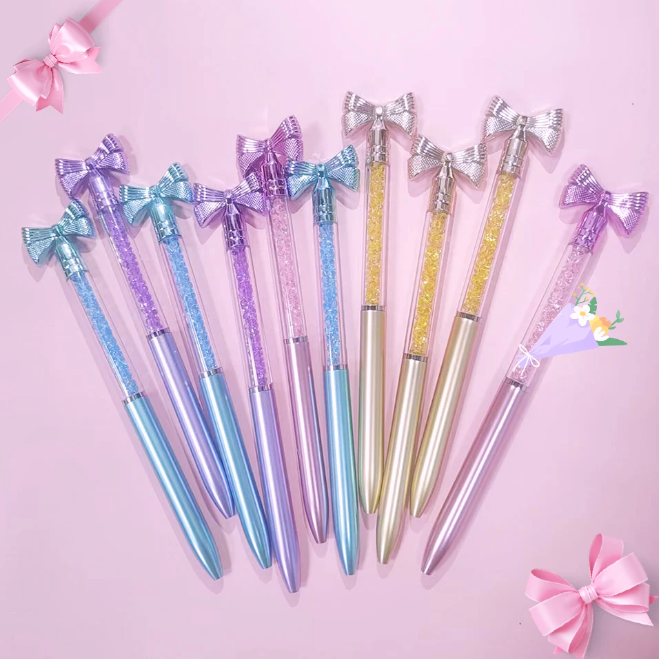 

10Pcs/Lot Cute Bow Knot Ballpoint Pens Bow-tie Rotating Crystal Writing Gel Pen Black Blue Ink Office Supplies School Stationery