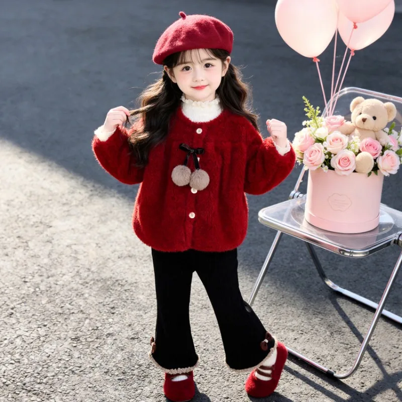 2026 autumn and winter children's clothing, cute and fashionable wine red ball wool sweater jacket for girls