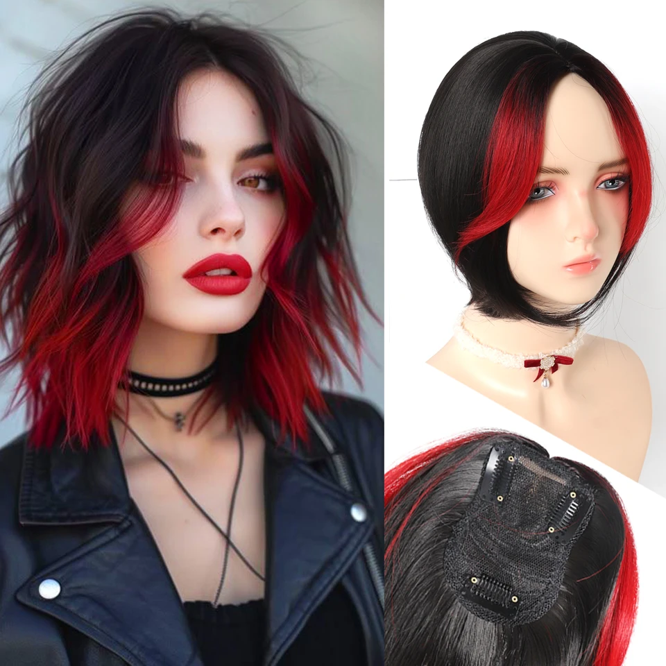 

Synthetic Topper Hairpiece Middle Part Bangs Highlighted Red Blue Straight Bangs Covering White Hair Closure Hairpiece