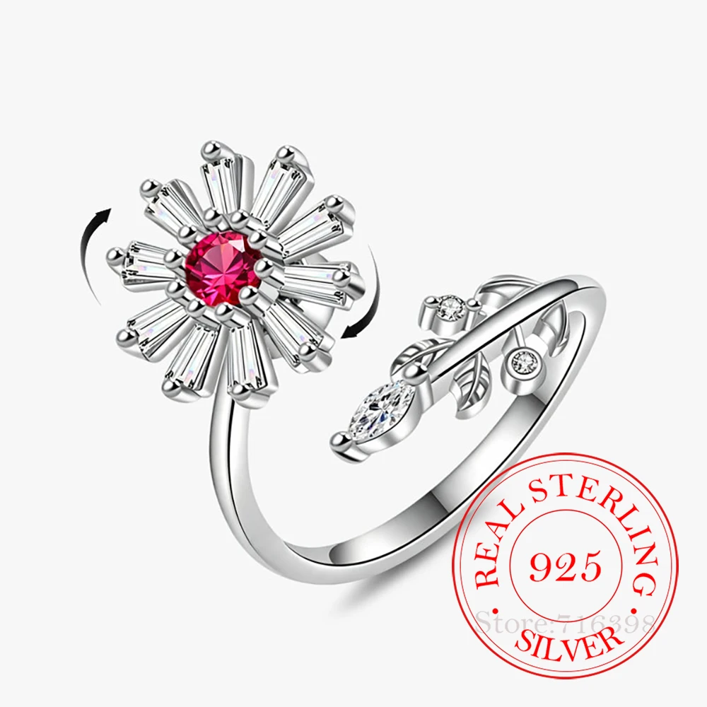 925 Sterling Silver Jewelry Crystal Flower Rotating Finger Rings for Women Wedding Party Jewelery For Girls Friends Gift