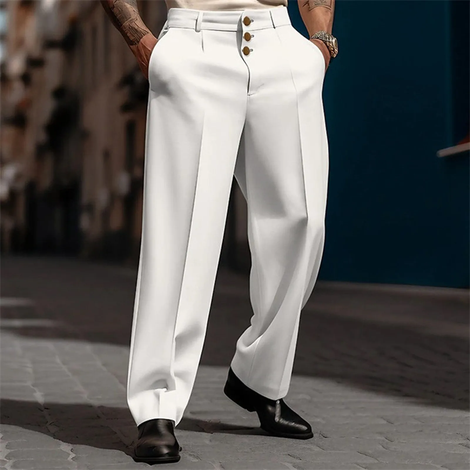 

2023 Men's Stand Pocket Elegant Wide Leg Pants Solid White Party Wedding Trousers Plus Size Mens Fashion Buttons Up Suit Pants