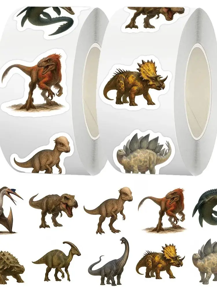 Rouleau d'autocollants de scellage de dessin animé dinosaure jurassique, 500 pièces/rouleau, autocollants de décoration pour ordinateur portable en PVC, jouet cadeau de récompense, DIY bricolage