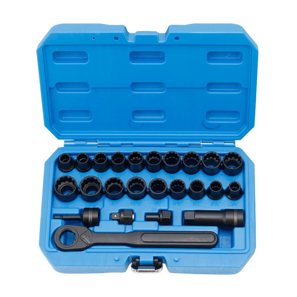 

24PCS Pass Through Socket Set 10-19mm 3/8-7/8 inch Hollow Sleeve Ratchet Chrome Steel Portable Case for Repair