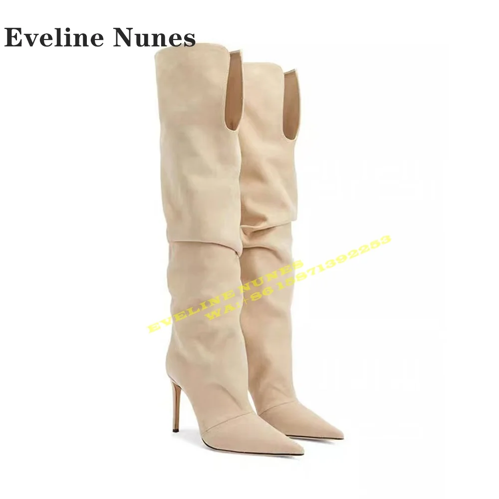 

2024 New Style V-Cut Women Slouch Boots Pointed Toe Stiletto Heels Pull On Solid Large Size Concise Knee High Boots Street Style