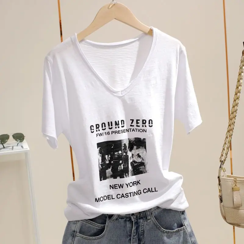 

Summer New White Short-sleeved Women's T-shirt V-neck Loose Large Size Thin Top Slub Pure Cotton Letter Wild Bottoming Shirts