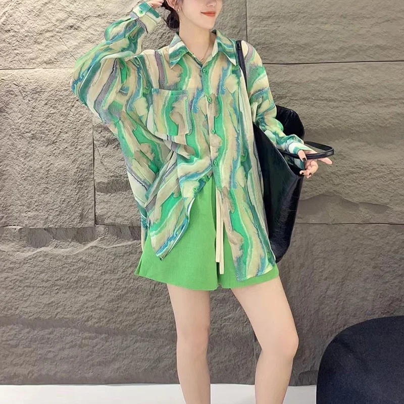 Spring Loose Green Vertical Striped Thin Long Sleeve Shirt for Women Unique And Stylish Blouse Shirts Women Trend