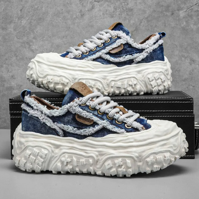 

Spring Men Chunky Sneakers Luxury Brand Denim Canvas Casual Board Shoes Fashion Height Increasing Men Lace-up Gym Shoes Zapatos