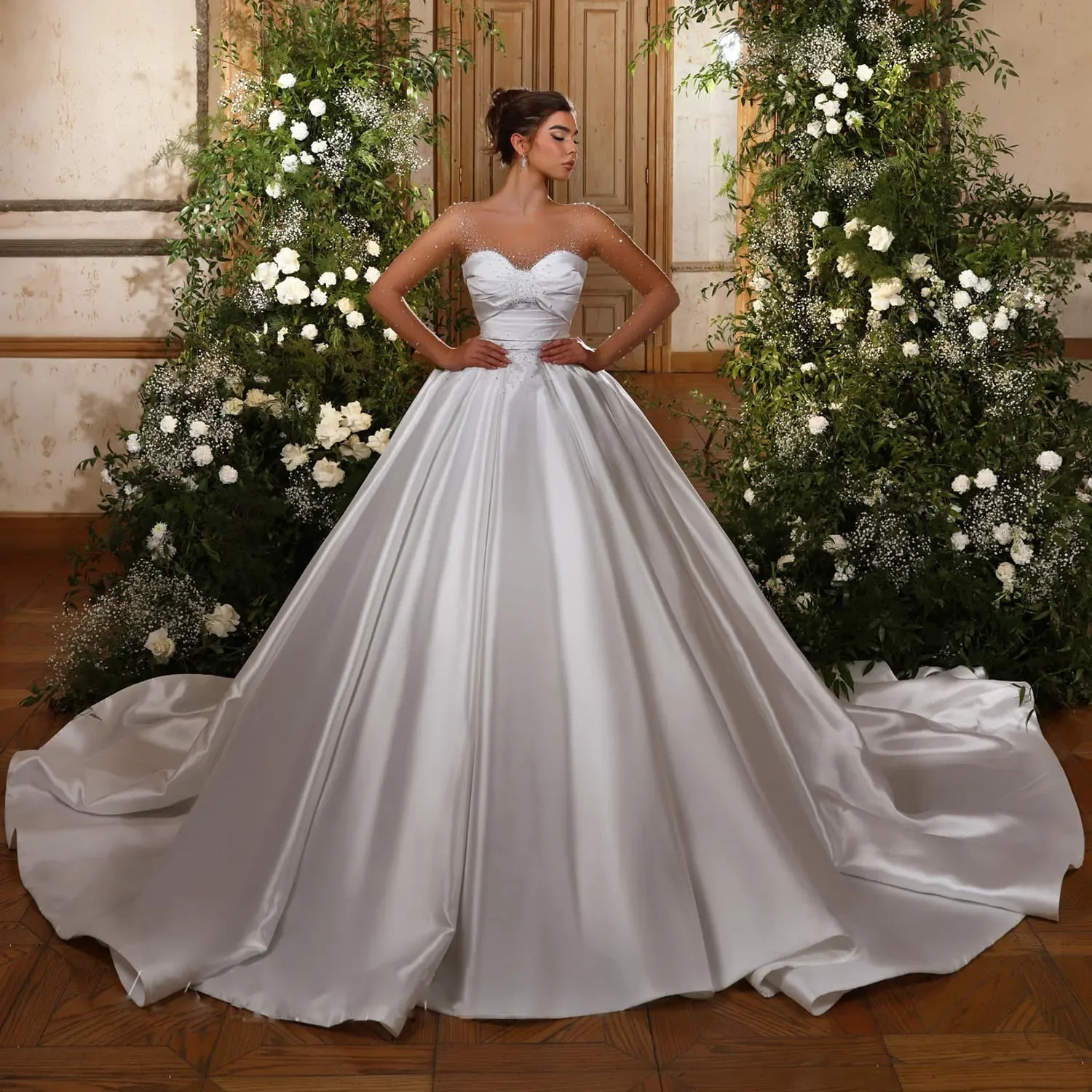 Customized Exquisite Beading Satin Ball Gown Wedding Dresses Long Sleeve Gorgeous Vestidos De Novia Illusion Back Gelinlik