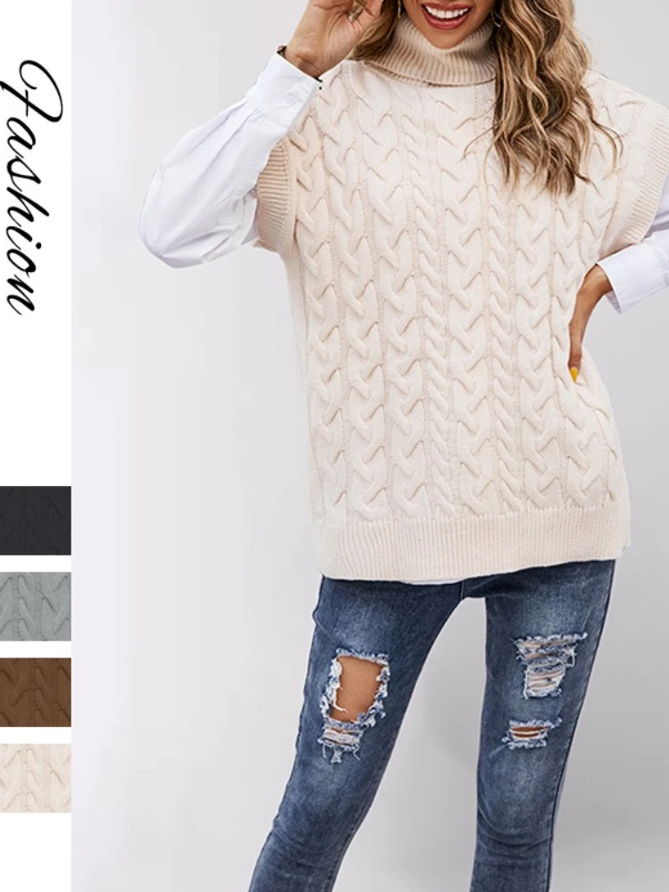 

Новинка, свитер с высоким воротником, жилет для женщин, удобный однотонный вязаный пуловер без рукавов, женский трикотаж, базовый наряд на осень и зиму