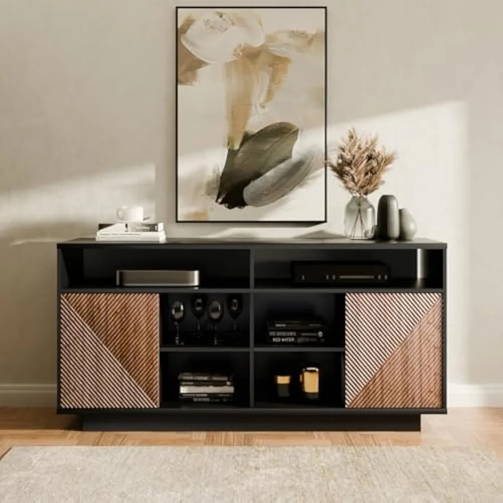 حامل تلفزيون طويل القامة لأجهزة التلفاز حتى 65 بوصة، وحدة تحكم وسائط مركزية للترفيه مع خزائن تخزين وأبواب منزلقة، منتصف السن